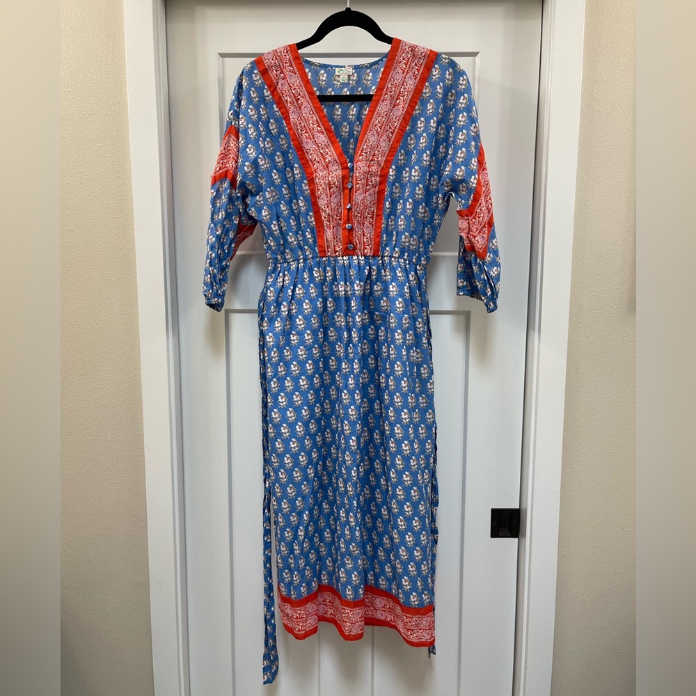 J. Crew beach cover up, blue and orange/red floral, cotton, lined-skirt, XS, EUC